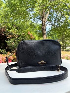 Coach Black Pebbled Leather Crossbody Camera Bag with Gold Hardware